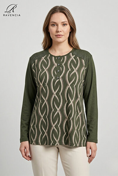 Ravencia Women's Stripe Patterned Printed Lycra Blouse with Stones on the Sho...