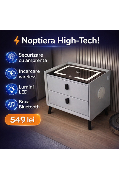 OEM Πολυλειτουργικό Έξυπνο Κομοδίνο, φωτισμός LED αφής 3 χρωμάτων, ασύρματη κ...