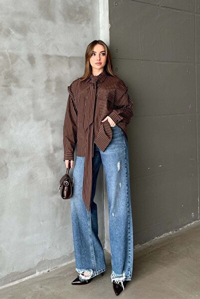 Elbee Fashion Woman Kahverengi Çizgili Fular Detaylı Gömlek