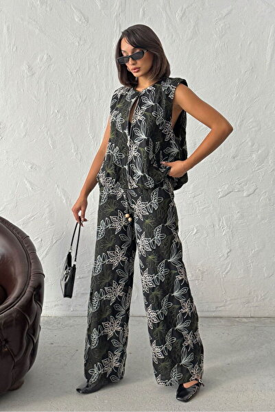 VERYMODA Pantaloni din in brodat - Negri |   F2008