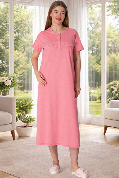 Lohusa Homewear Νέα σεζόν Ροζ Καλοκαιρινό Νυχτικό με Σχέδιο Crew Neck και Κου...