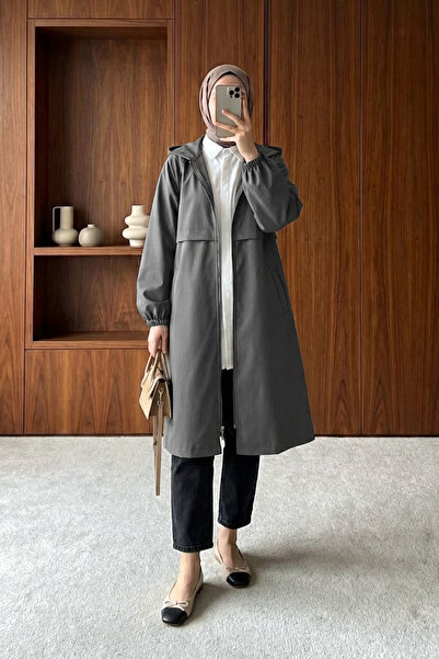 MODAQU Αδιάβροχο με κουκούλα και φερμουάρ - Καπνιστό