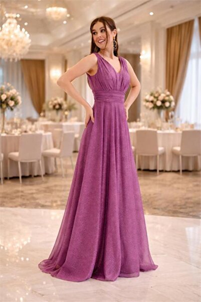 Neşeli Butik Γυναικείο μωβ βραδινό φόρεμα από τούλι με λάμψη και λαιμόκοψη V ...