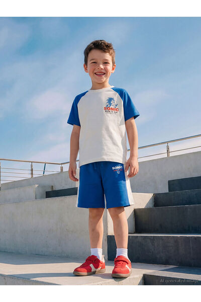 LC Waikiki Beige Sonic Printed Boys' T-Shirt and Shorts
