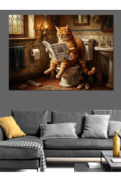 karizmart Gazete Okuyan Kedi Banyo Dekorasyonu Dekoratif Kanvas - Mdf Ahşap T...