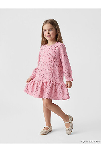 LC Waikiki Nevavm Girls' Dress with Oval Collar and Floral Bow