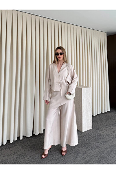 Laluvia Μπεζ Παντελόνι με Λεπτομέρεια Ένθετου Κομματιού - Σετ Κιμονό - 8009
