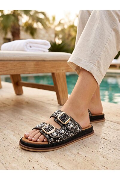 Guja 225 Women's Double Buckle Stone Detailed Straw Comfort Slippers