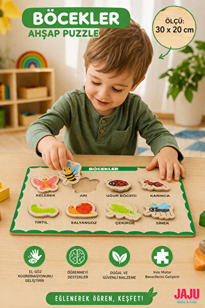Jaju Baby Böcekler Ahşap Puzzle 30x20 cm — 3 mm MDF Eğitici Çocuk Yapbozu | E...