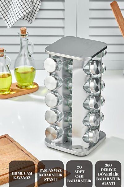 handanca Cam 360 DÖNEBİLEN TEZGAH ÜSTÜ PASLANMAZ STANTLI CAM BAHARAT SETİ - 2...