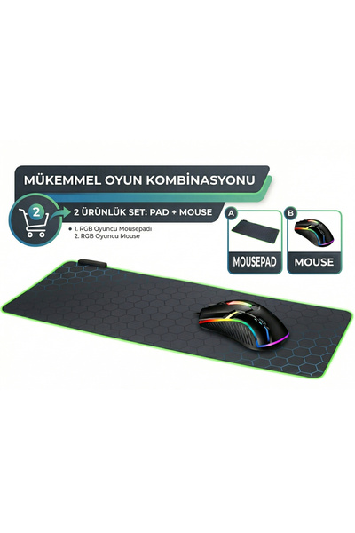 wiks RGB Işıklı Mouse ve Büyük Boy Mousepad Seti - Gaming Set