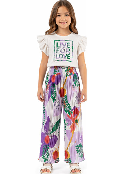 İrem Çocuk Giyim Girl's Lilac Color Two-Piece Set with Live Text Patterned Sl...