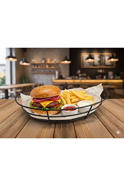 handanca Siyah Metal Oval Küçük Fast Food Servis Sepeti Patates Kızartması Ha...