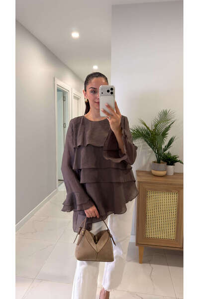 BİRCANÇİL Ζιόλα Καφέ Μπλούζα με Βολάν
