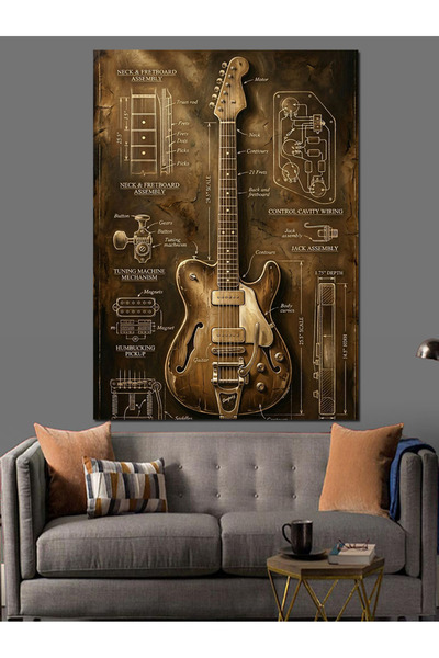 karizmart Gitar Şemalı Antik Mühendislik Tablosu Dekoratif Kanvas - Mdf Ahşap...
