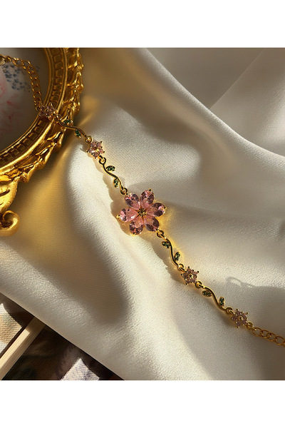 Vintage Aksesuar Vintage Pembe Çiçek Tasarım Kadın Çelik Bileklik