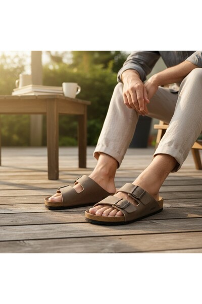 MİNAHOBİ Ανδρικές παντόφλες με διπλή πόρπη και ρυθμιζόμενη σόλα από φελλό