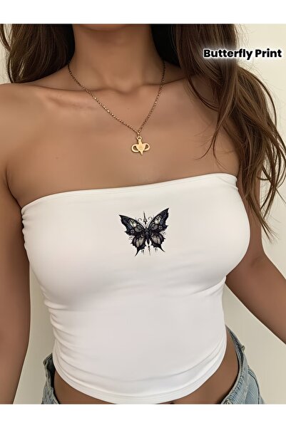 Toum Night Black Butterfly Strapless Crop