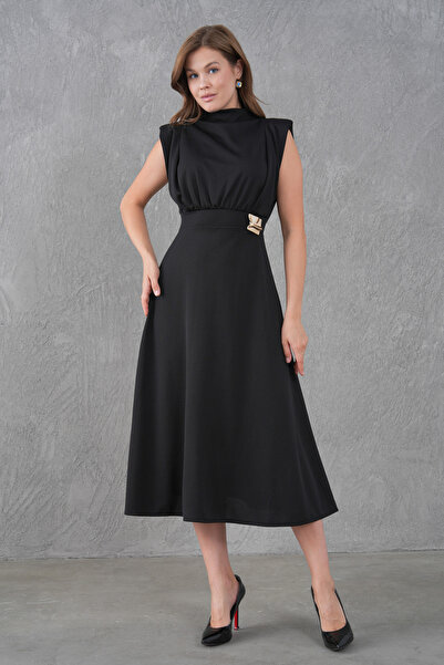 WOMAN VISION Μαύρο φόρεμα μίντι από ύφασμα κρεπ με ψηλό γιακά, κομψό σχέδιο, ...