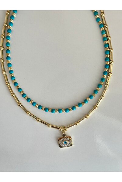 mibrillo Turquoise beaded necklace and eye pendant with ball buckle double ne...