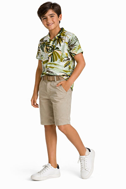 İrem Çocuk Giyim Boy's Palm Tree Patterned Button-Closure Shirt and Linen Cap...