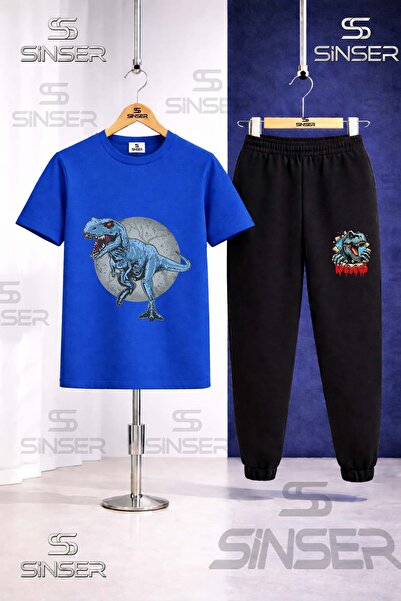 SS SİNSER Детски комплект анцуг с тениска с принт ДИНОЗАУР СИН В КРЪГЪЛ ФОРМАТ