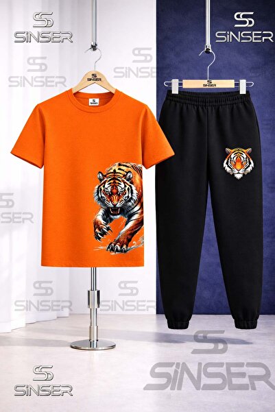 SS SİNSER طقم تي شيرت رياضي مطبوع عليه شعار TIGER SIDE PENCE للأطفال