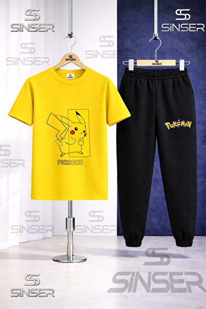 SS SİNSER Children's Pikhacu in Half Square Printed T-Shirt Tracksuit Set