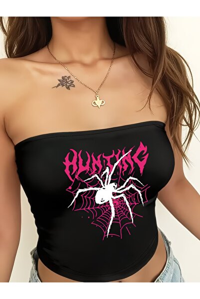Toum Ροζ Γοτθικό Κροπ Τοπ με Αράχνη και Στράπλες "