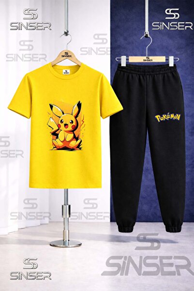SS SİNSER Children's Pikhacu Yellow Canvas Printed T-Shirt Sweatpants Set