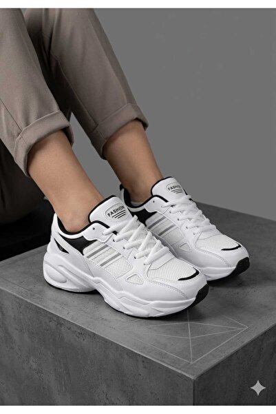 Moda Kadıköy Γυναικεία λευκά μαύρα παπούτσια sneaker με σόλα που δεν κιτρινίζει