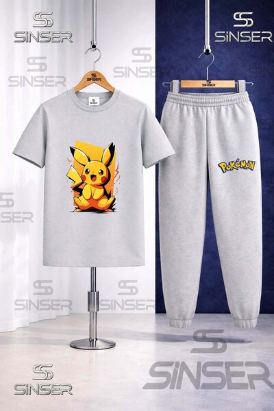 SS SİNSER Children's Pikhacu Yellow Canvas Printed T-Shirt Sweatpants Set