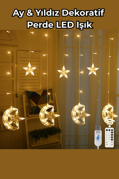 ALFAGİFT Ay Yıldız LED Perde Işık USB Kumandalı 8 Mod Dekoratif Pencere Oda A...