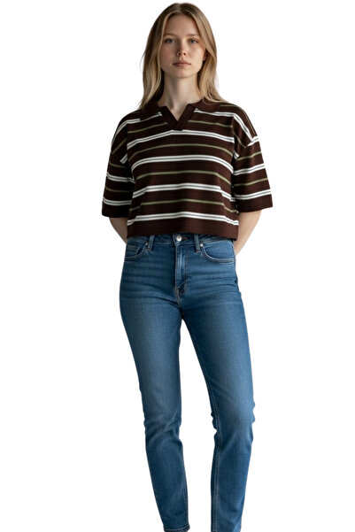 ModaYaren Ριγέ πλεκτό γυναικείο μπλουζάκι με λαιμόκοψη πόλο (Καφέ Λευκό)