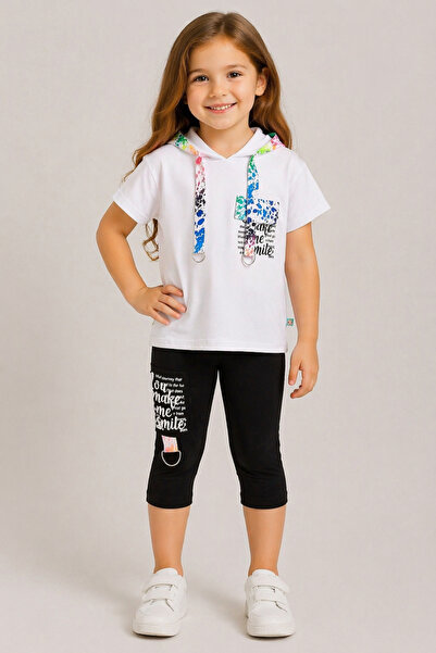 İrem Çocuk Giyim Girl's Make Me Smile Text Patterned Hooded T-Shirt and Capri...