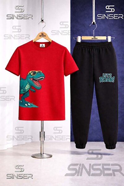 SS SİNSER Children's Dinosaur Glasses Green Side Printed T-Shirt and Sweatpan...