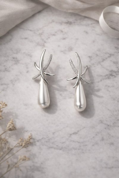 POYASE Silver Color Drop Pearl-Looking Stone Earrings Stylish Long Design Non-Tarnish Coating Daily Use