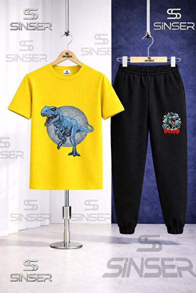 SS SİNSER Children's Dinosaur Blue in the Circle Printed T-Shirt Tracksuit Set