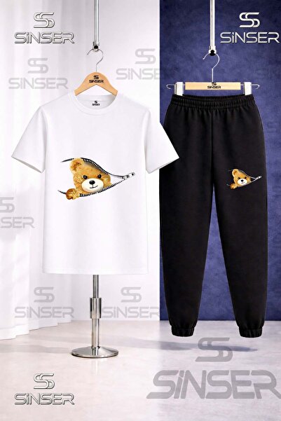 SS SİNSER Children's Zippered Teddy Bear Printed T-Shirt and Sweatpants Set