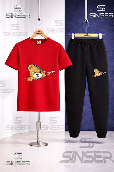 SS SİNSER Children's Zippered Teddy Bear Printed T-Shirt and Sweatpants Set