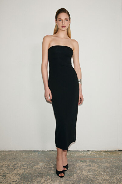 GRIMELANGE Rumi Women's Soft and Flexible Fabric Strapless Neckline Long Blac...