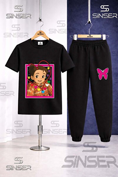 SS SİNSER Children's Crn Girl Heart Printed T-Shirt Tracksuit Set