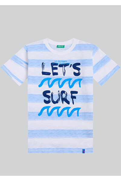 Benetton Μπλουζάκι για αγόρια με μπλε ρίγες και στάμπα "Let's Surf" με κοντά ...