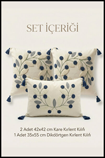cottoncloth Papatya Punch Nakışlı Dekoratif 2 Kare 1 Dikdörtgen Kırlent Kılıf...