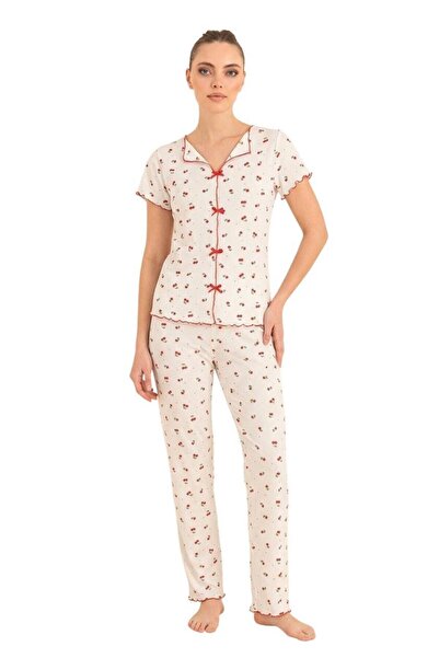 ROYAM Γυναικείο σετ πιτζάμες από 100% βαμβάκι με κοντό μανίκι και κουμπιά μπρ...