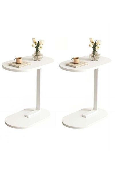 Taimi Two-piece C-shaped side table with metal frame, 60×28×39 cm - White Col...