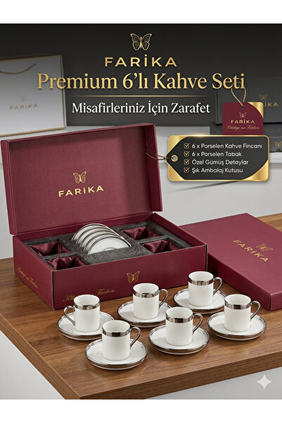 FARİKA Premium Gümüş Detaylı Porselen 6'lı Türk Kahvesi Fincan Takımı - Şık S...