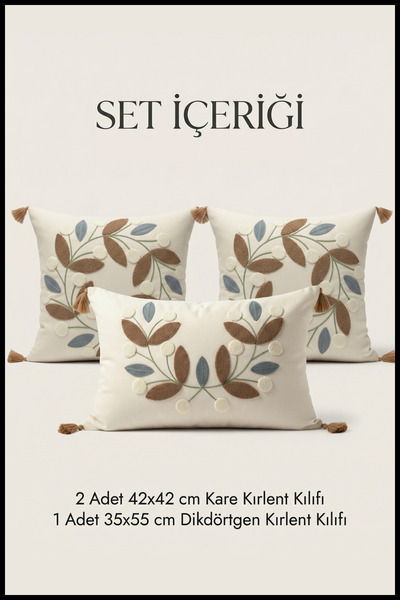 cottoncloth Papatya Punch Nakışlı Dekoratif 2 Kare 1 Dikdörtgen Kırlent Kılıf...