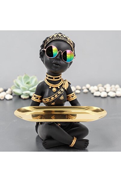 e-life shop Afrikalı Kadın Biblo 28 cm Tepsili Anahtarlık Kase Siyah Altın De...