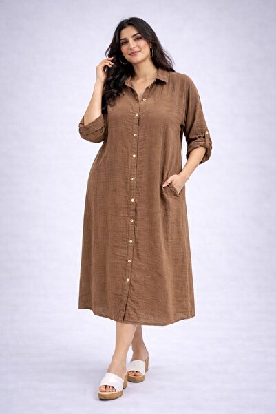 AGORATEKSTİL Γυναικείο φόρεμα πουκάμισο μεγάλου μεγέθους από ύφασμα μουσελίνα...